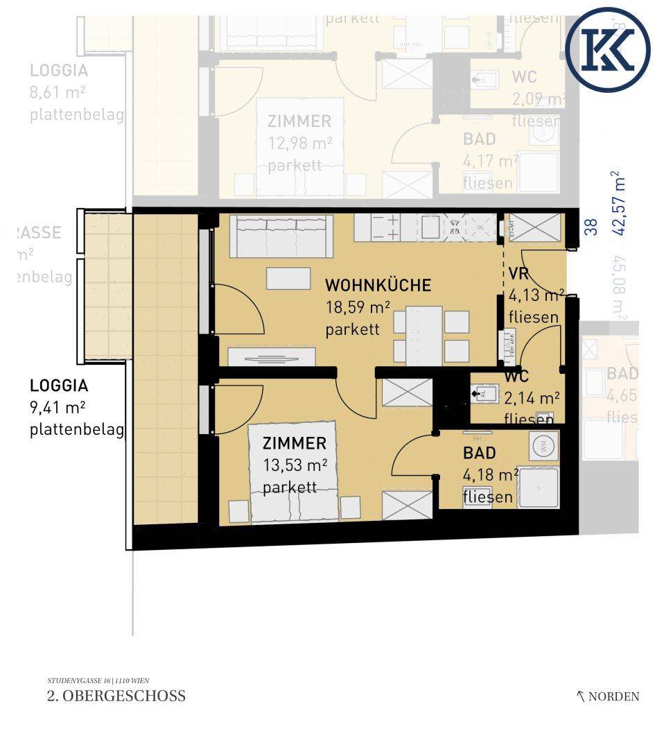 Grundriss einer Wohnung im zweiten Obergeschoss mit Wohnküche, zwei Zimmern und Loggia.