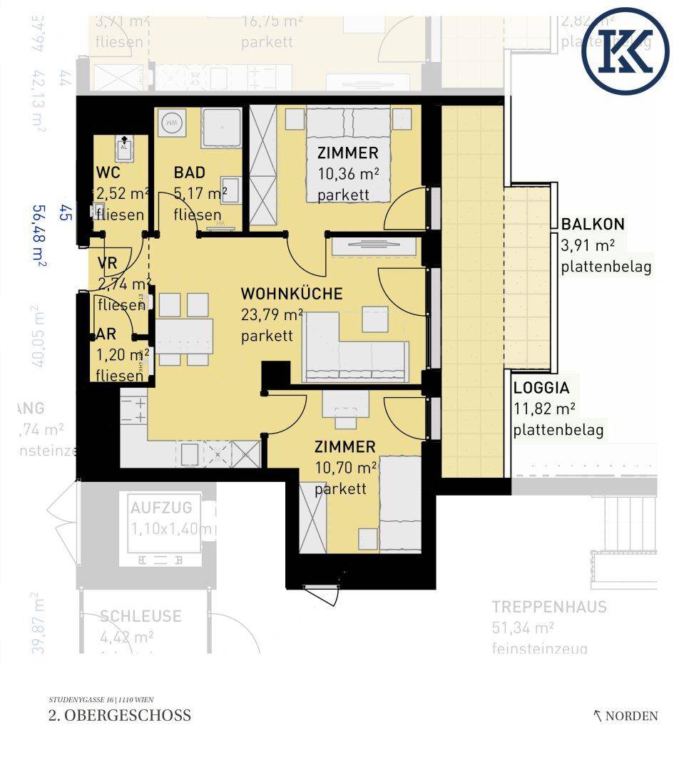 Grundriss einer Wohnung mit Wohnküche, zwei Zimmern, Bad, WC, Balkon und Loggia.