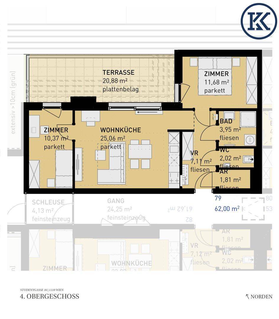 Detaillierter Grundriss einer Wohnung im 4. Obergeschoss mit Terrasse und drei Zimmern.