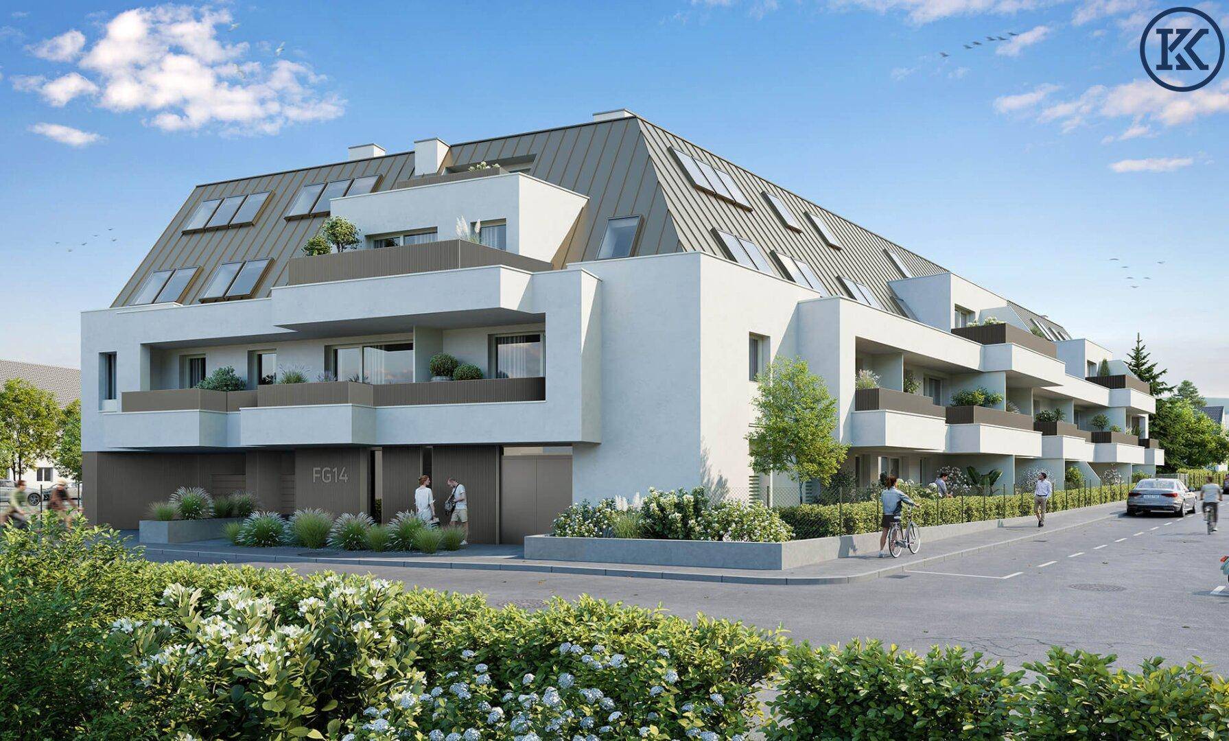 Attraktives Mehrfamilienhaus mit moderner Architektur, Balkonen und zahlreichen Dachfenstern.