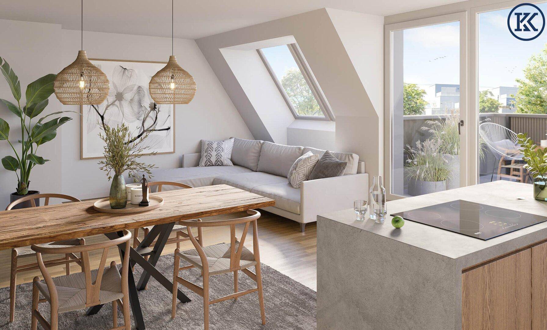 Heller offener Wohn-Essbereich mit Dachschrägen, Holztisch und direktem Zugang zum Balkon.