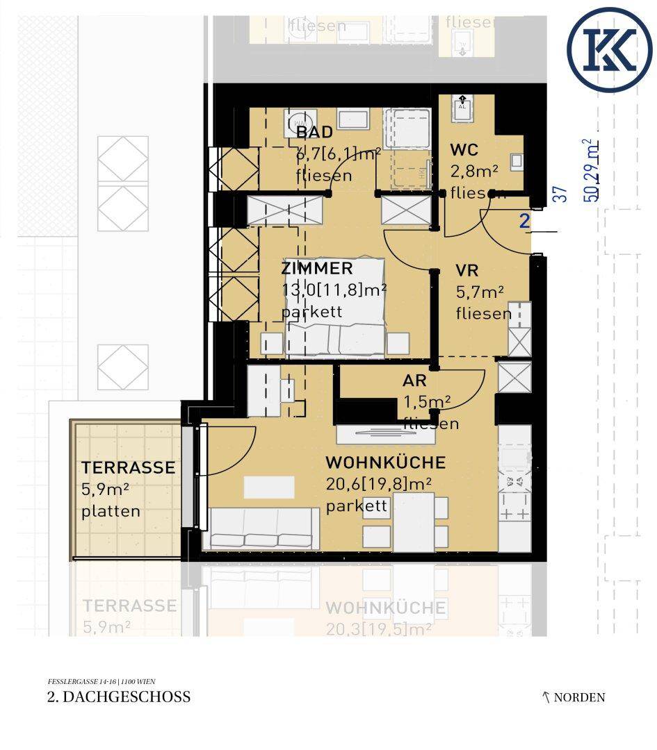 Grundriss einer Wohnung im Dachgeschoss mit Terrasse, Wohnküche und separatem WC.