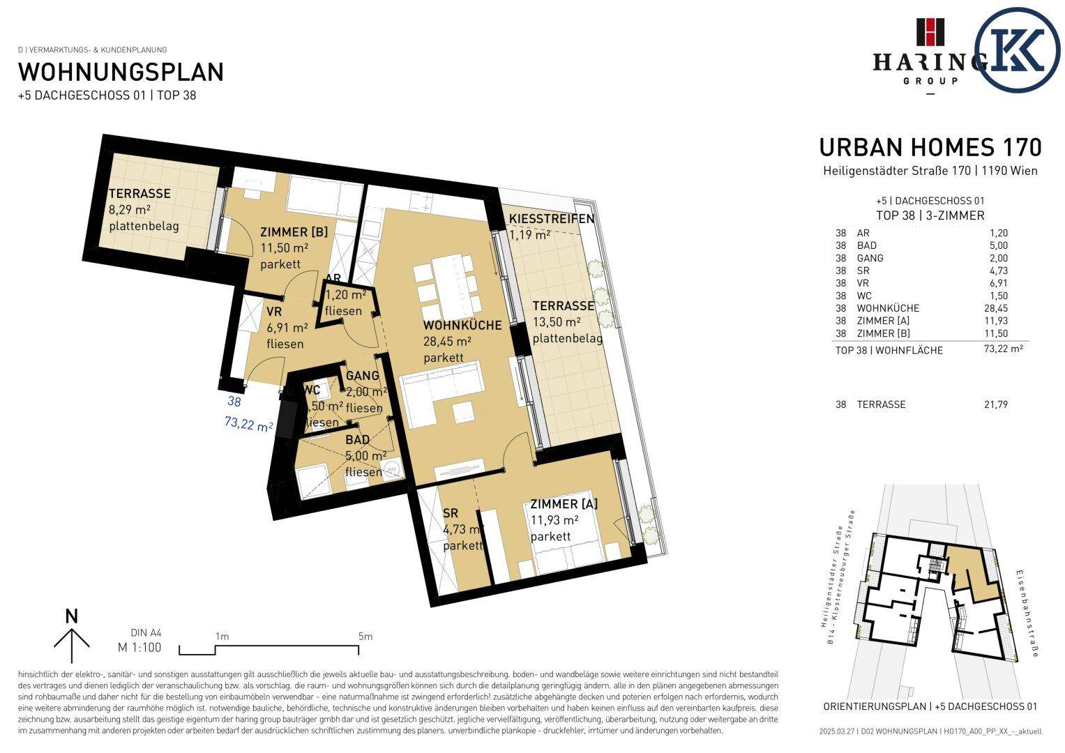Detaillierter Grundriss einer Wohnung mit Wohnküche, zwei Schlafzimmern und zwei Terrassen.