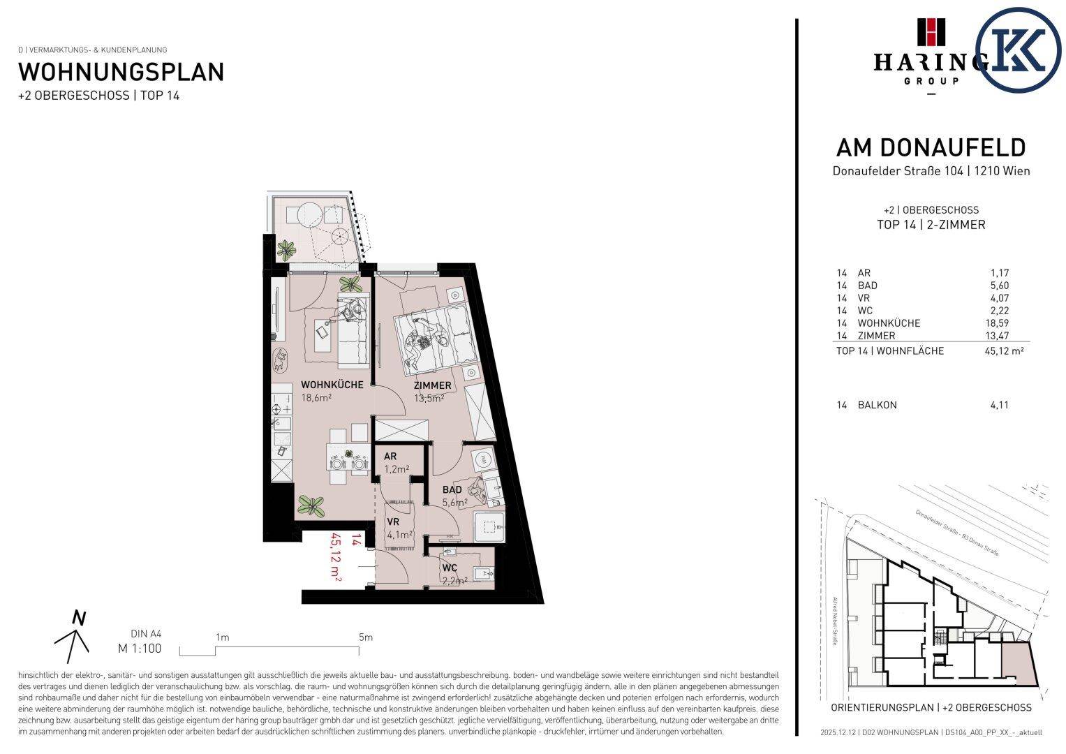Detaillierter Wohnungsplan für eine Einheit im zweiten Obergeschoss mit Balkon und zwei Zimmern.