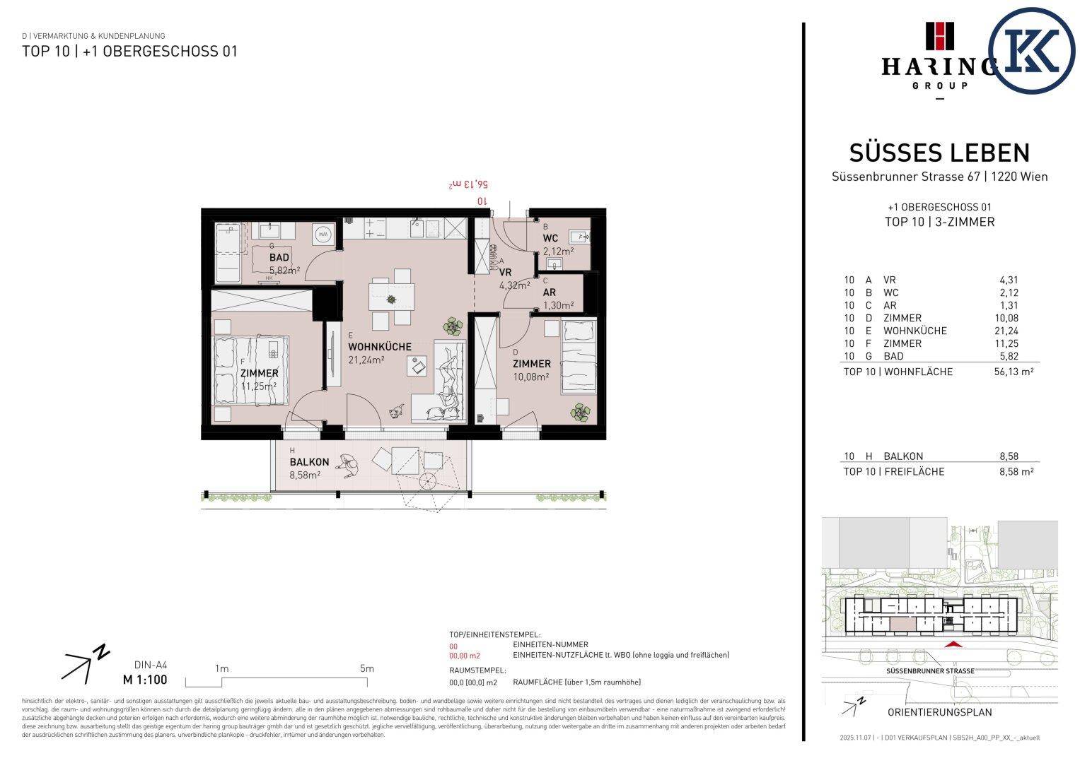 Detaillierter Grundriss einer Wohnung mit Balkon, zwei Schlafzimmern und offenem Wohnbereich.