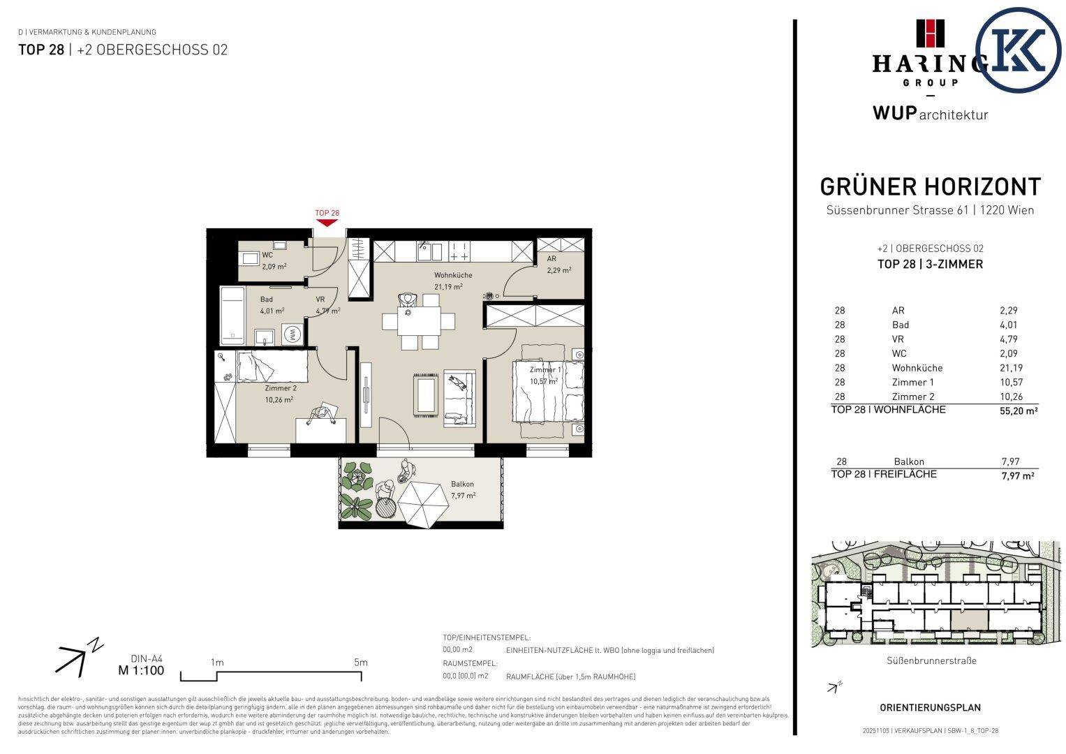 Grundriss der Wohnung Top 28 mit zwei Schlafzimmern, Balkon und offenem Wohnbereich.
