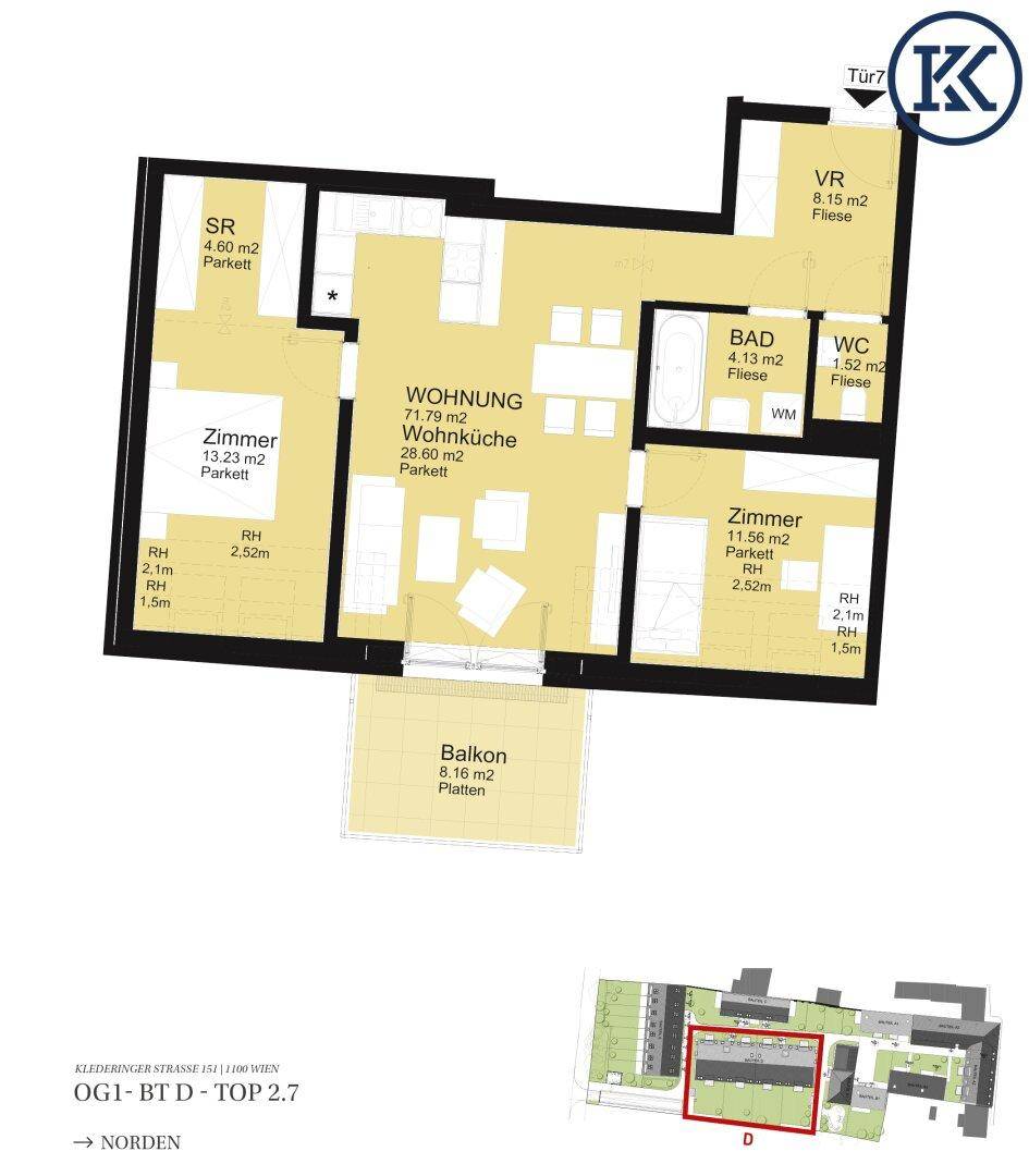 Detaillierter Grundriss einer Wohnung mit Wohnküche, zwei Zimmern, Bad, WC und Balkon.