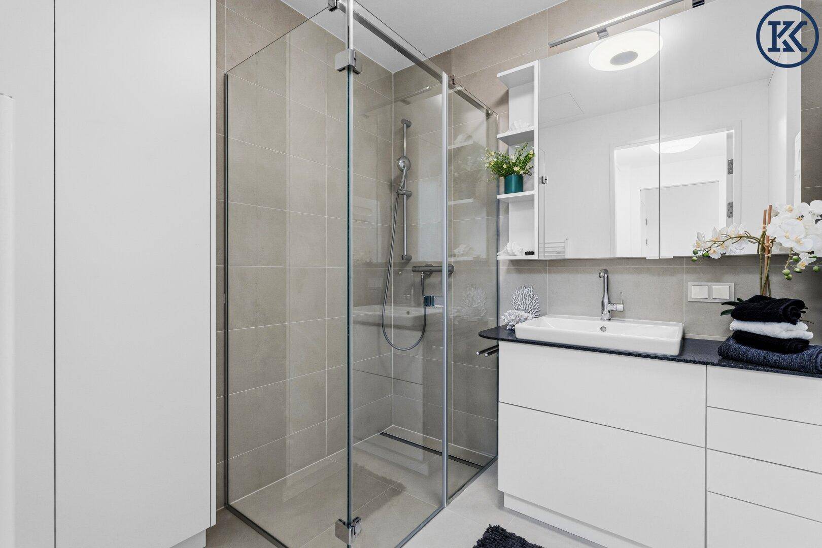 Modernes Badezimmer mit begehbarer Dusche, großem Waschbecken und Spiegelschrank.