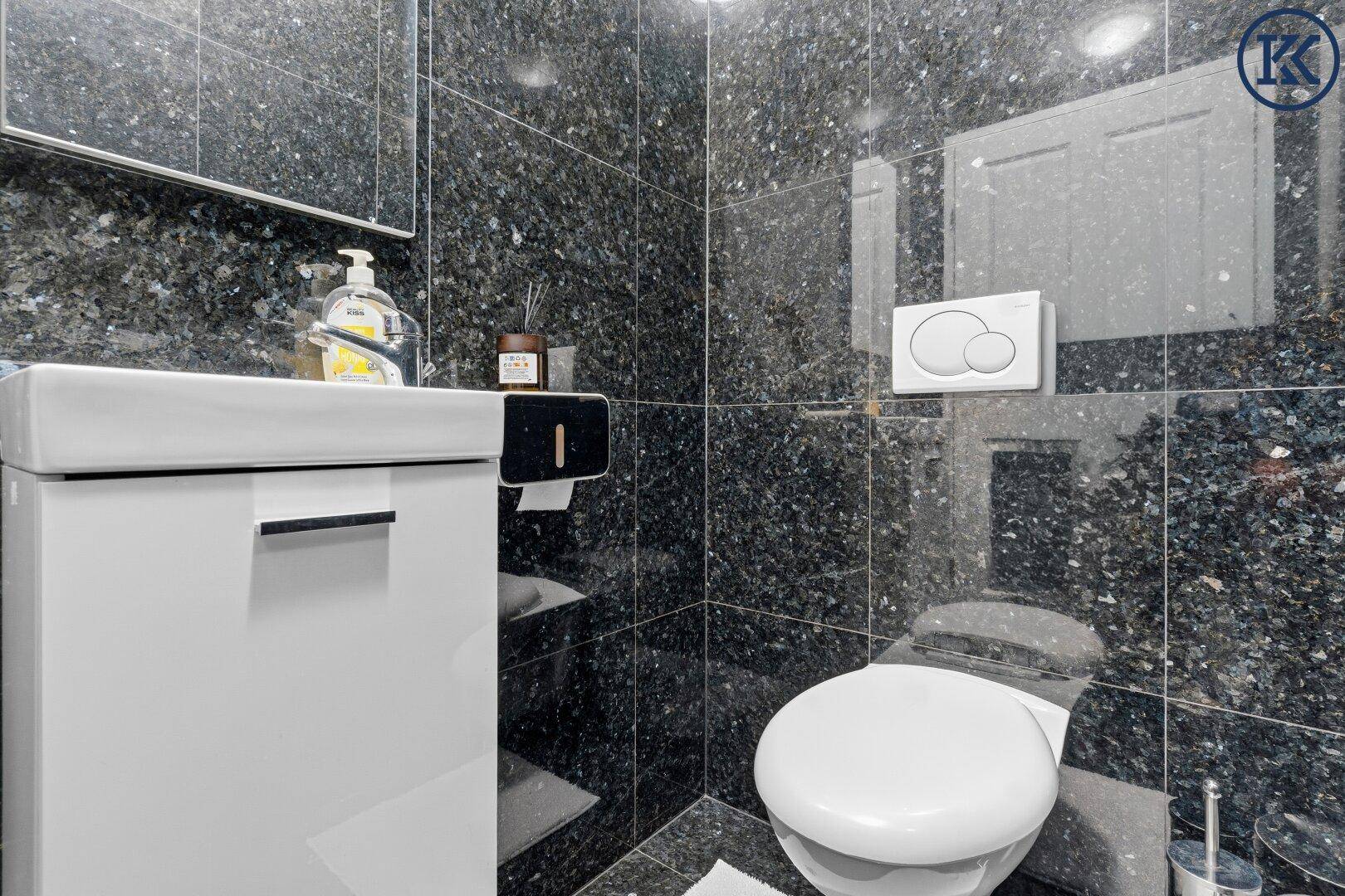 Gäste-WC mit dunklen Granitfliesen, wandhängendem WC und modernem Waschbecken.