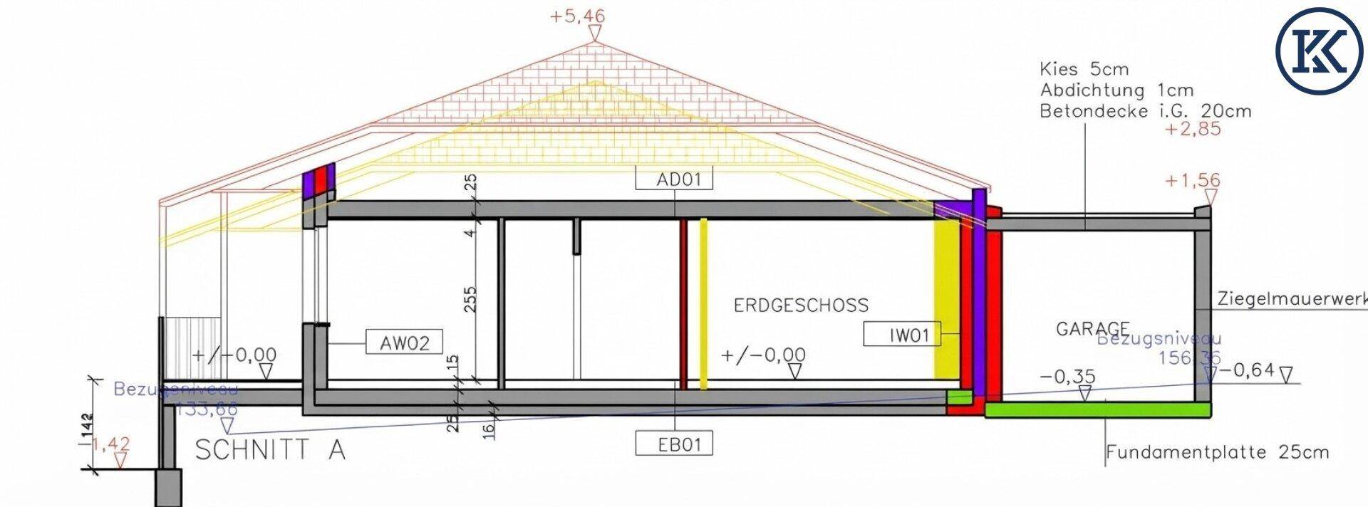Schnittzeichnung des Gebäudes zeigt die Dachkonstruktion und die Raumhöhen im Erdgeschoss.