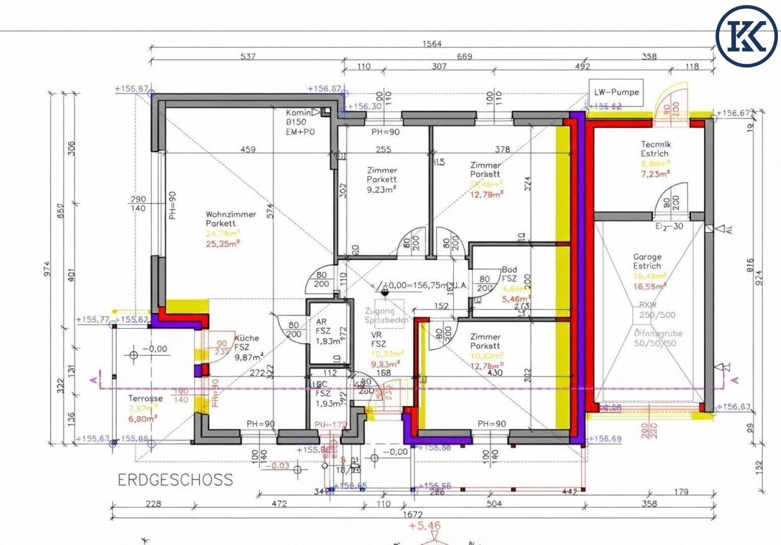 Detaillierter Grundriss des Erdgeschosses mit Wohnzimmer, Küche, Schlafzimmern und Terrasse.
