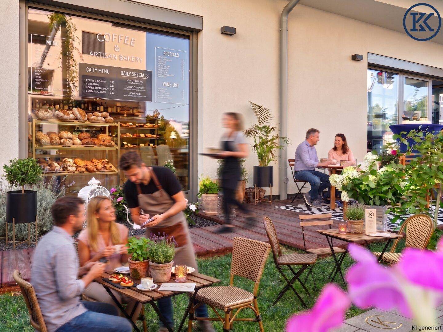 Gemütlicher Außenbereich eines modernen Cafés mit Holzdielen, Rasenfläche und Kunden, die Kaffee und Gebäck genießen.