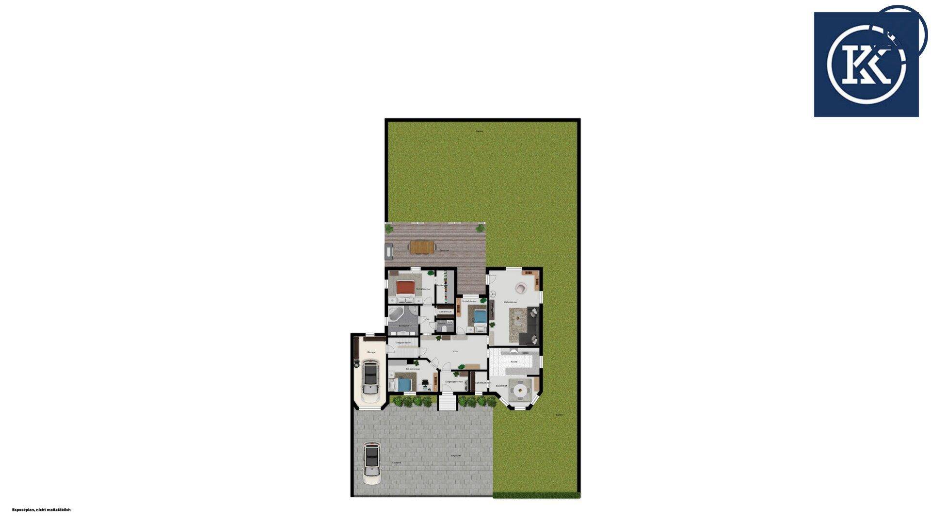 Grundriss eines Einfamilienhauses mit Garage, Terrasse und Gartenbereich auf einem Grundstück.