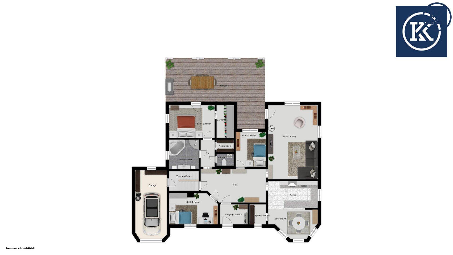 Detaillierter Grundriss eines Hauses mit Garage, großer Terrasse, offenem Wohnbereich und mehreren Zimmern.