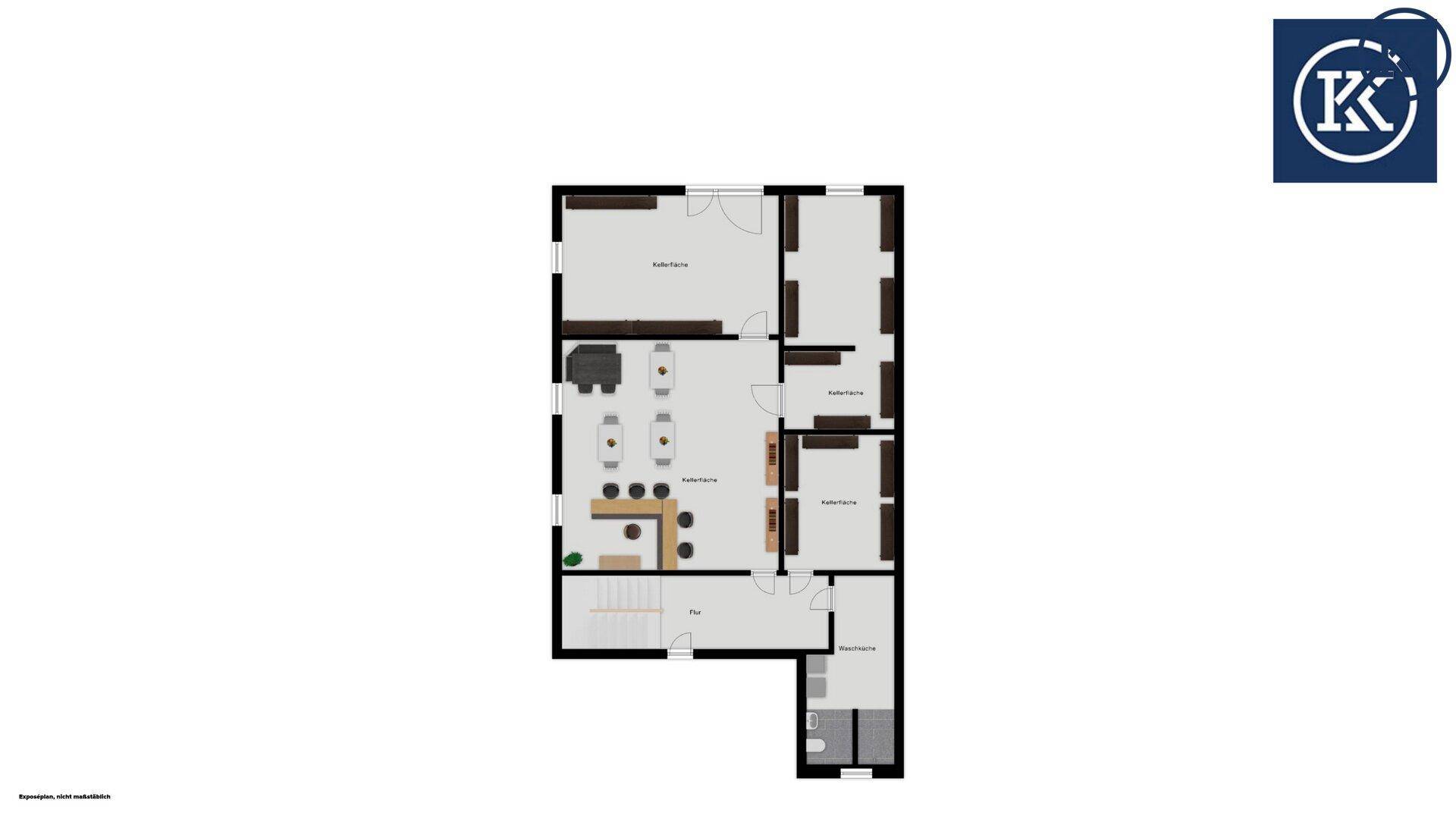Grundriss einer Gewerbefläche mit Kaffeebar, Küche, Lager und WC-Bereich im Erdgeschoss.