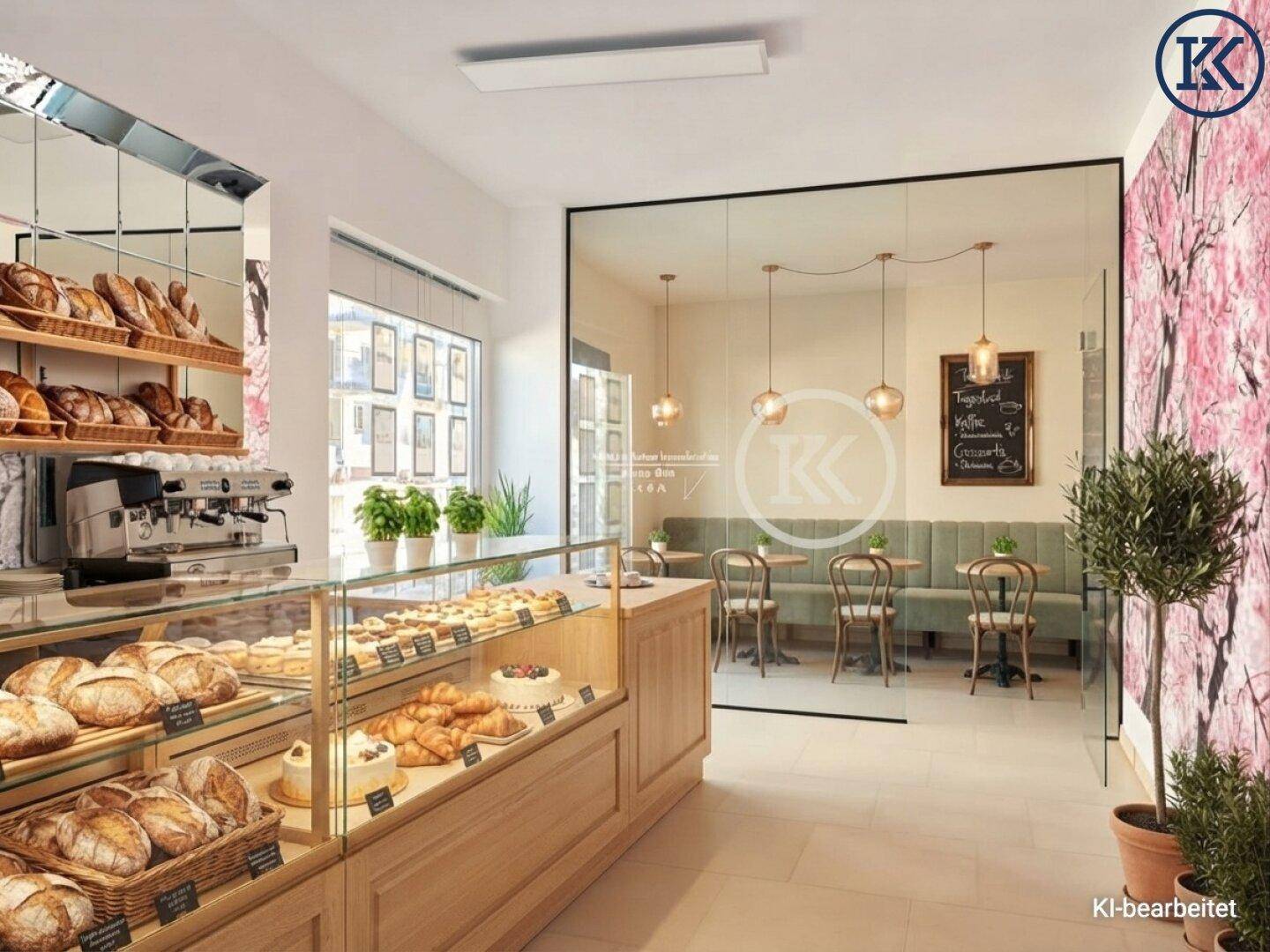 Innenansicht einer modernen Bäckerei mit großer Auslage und separatem Sitzbereich hinter Glas.