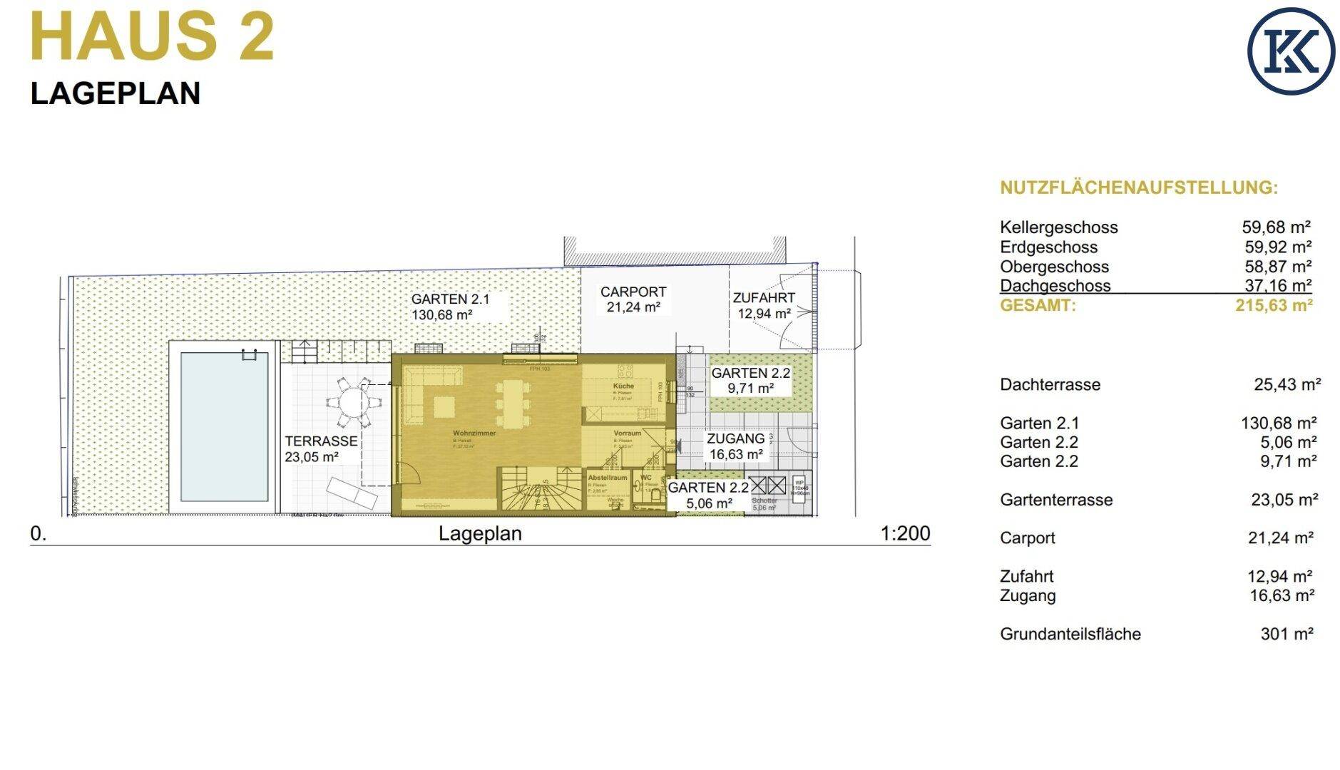 Lageplan des Hauses mit Garten, Terrasse, zwei Pools und Carport, zeigt die Grundstücksaufteilung.