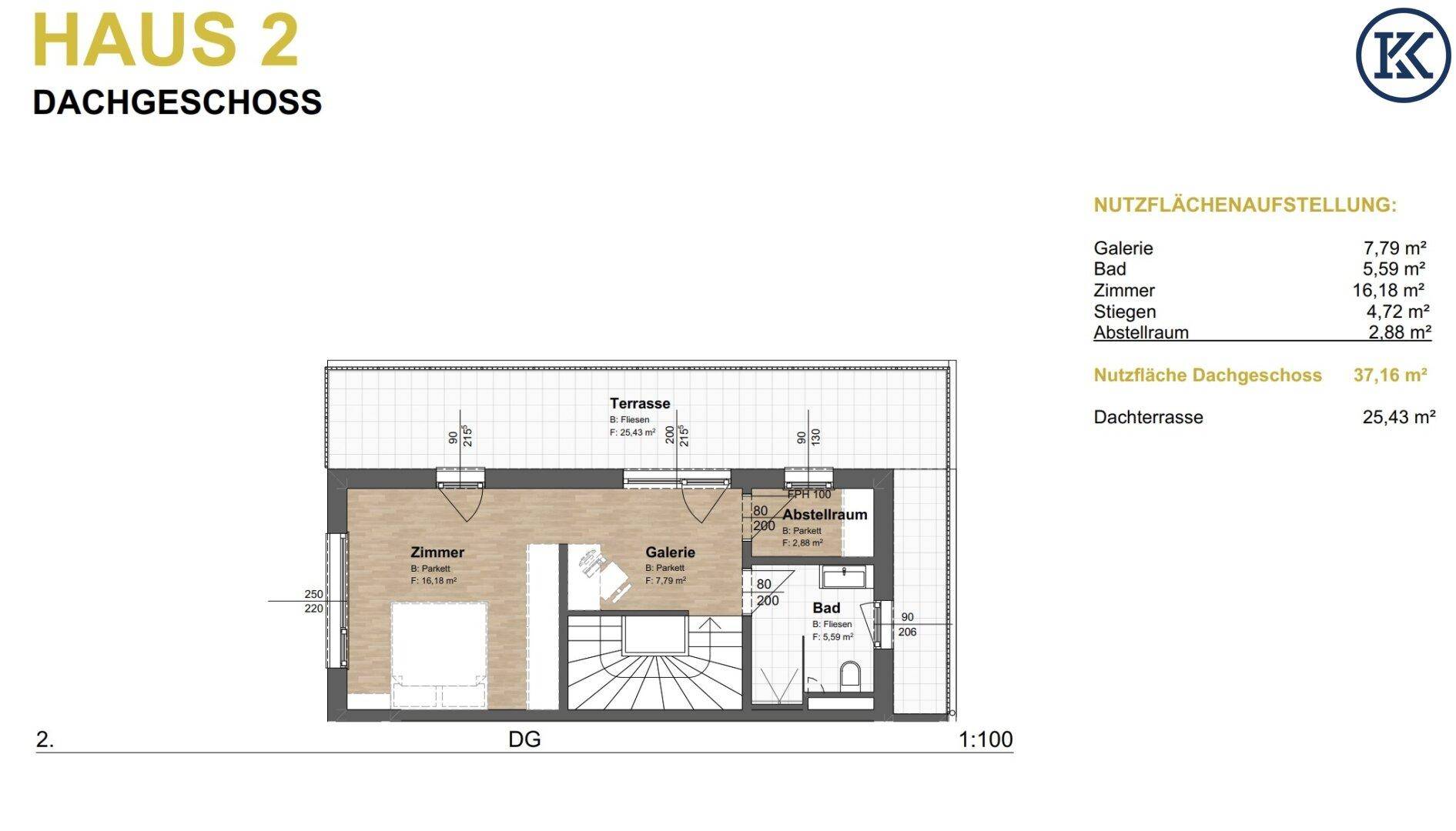 Grundriss des Dachgeschosses mit Zimmer, Galerie, Bad und einer großen Dachterrasse.