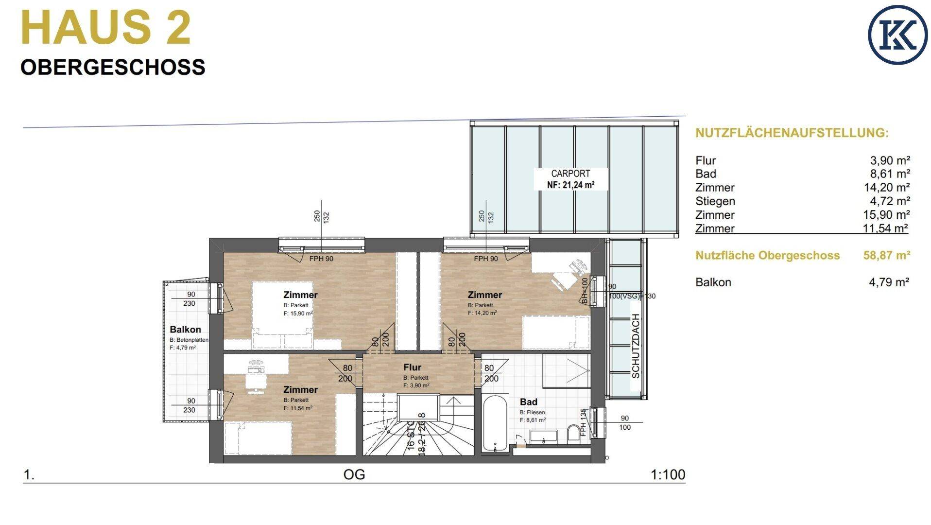 Grundriss des Obergeschosses mit mehreren Schlafzimmern, zwei Bädern und einem Balkon.