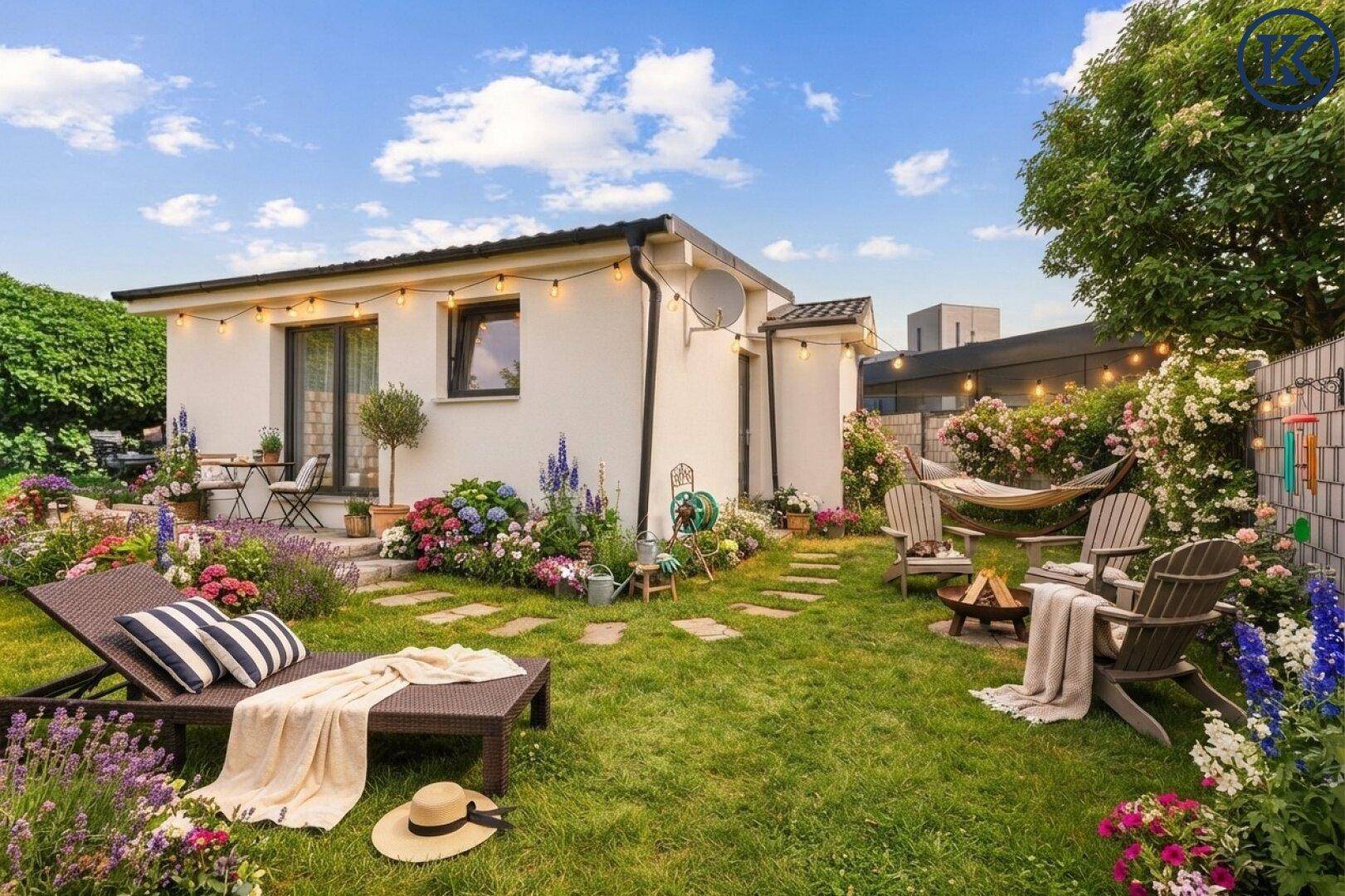 Gestalteter Gartenbereich mit Feuerstelle, Hängematte und bequemen Sitzgelegenheiten für entspannte Abende.