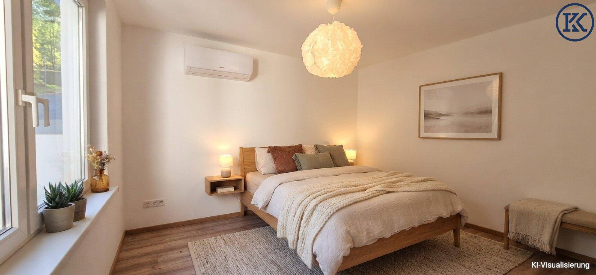 Gemütliches Schlafzimmer mit Doppelbett, Klimaanlage und Fenster mit Blick nach draußen.