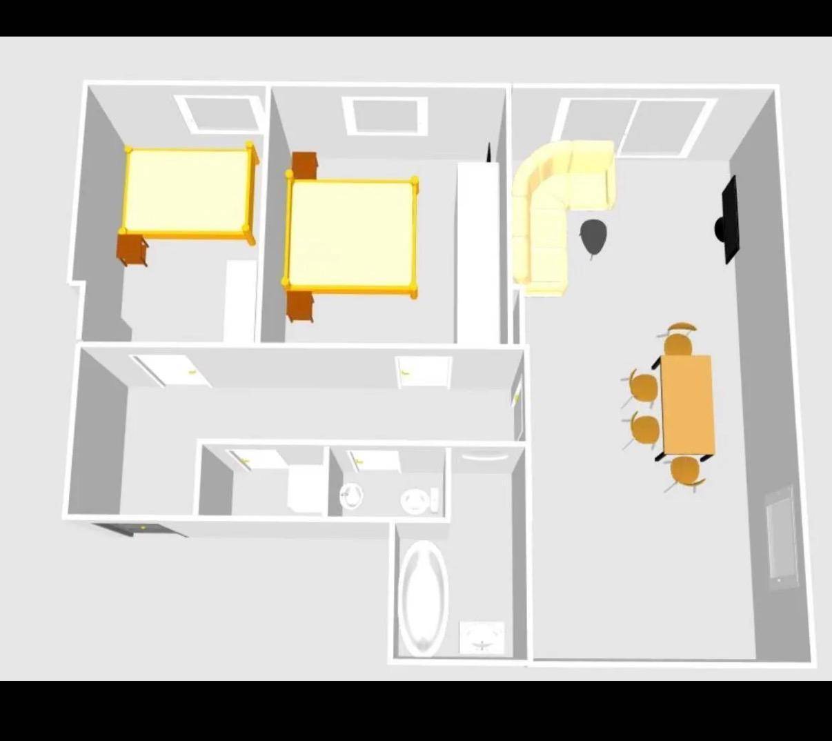 3D-Grundriss zeigt zwei Schlafzimmer, ein Badezimmer und einen offenen Wohn-Essbereich.