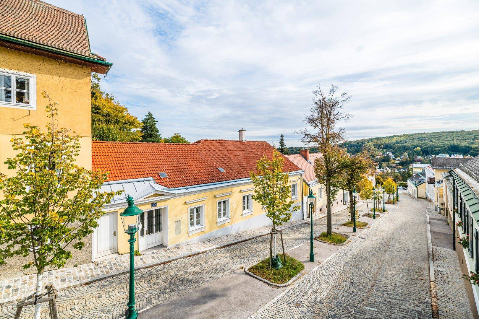 Historische Gebäude mit gelben Fassaden und roten Dächern entlang einer gepflasterten Straße.