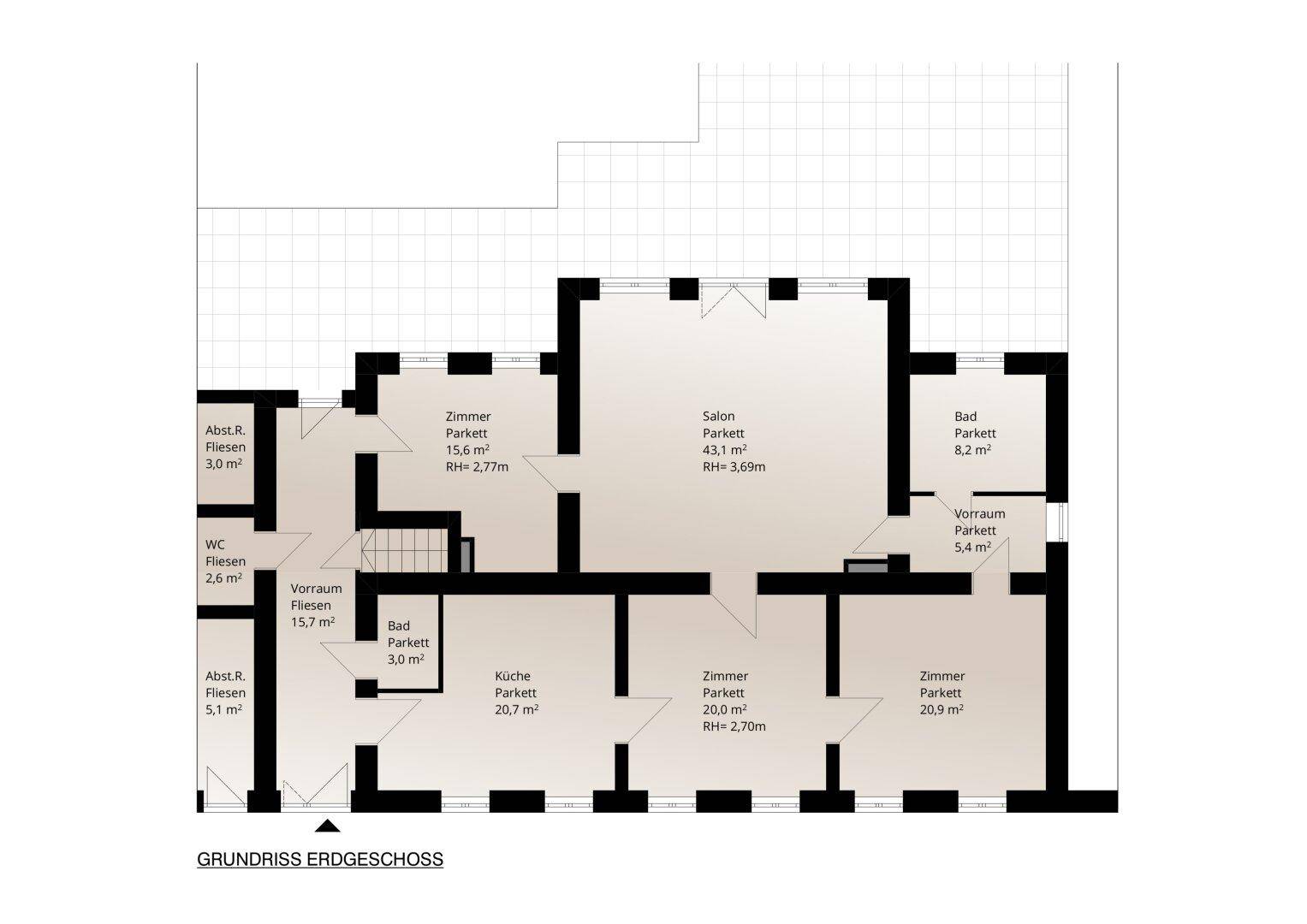 Grundriss des Erdgeschosses mit Raumaufteilung und Flächenangaben in Quadratmetern.