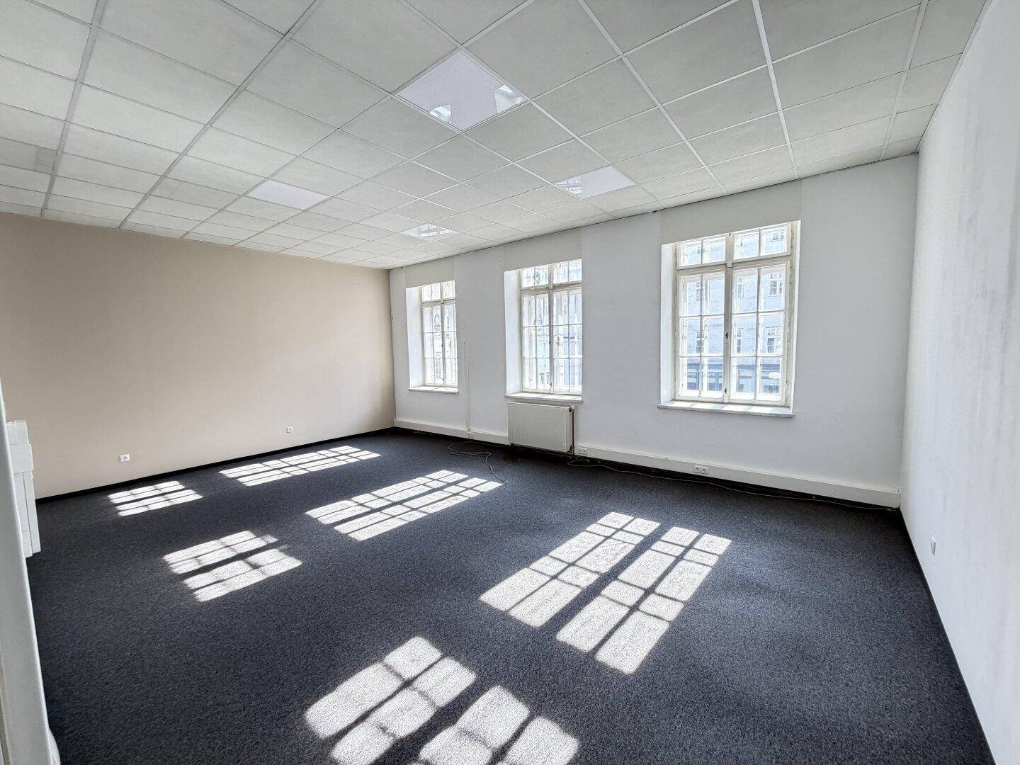 Helles, geräumiges Büro mit Teppichboden und großen Fenstern, die Sonnenlicht auf den Boden werfen.