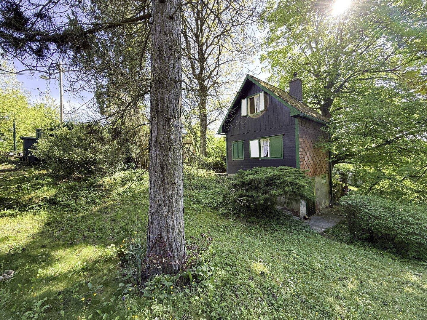Charmantes kleines Haus mit dunkler Fassade und grünen Fensterläden, eingebettet in eine grüne Landschaft.