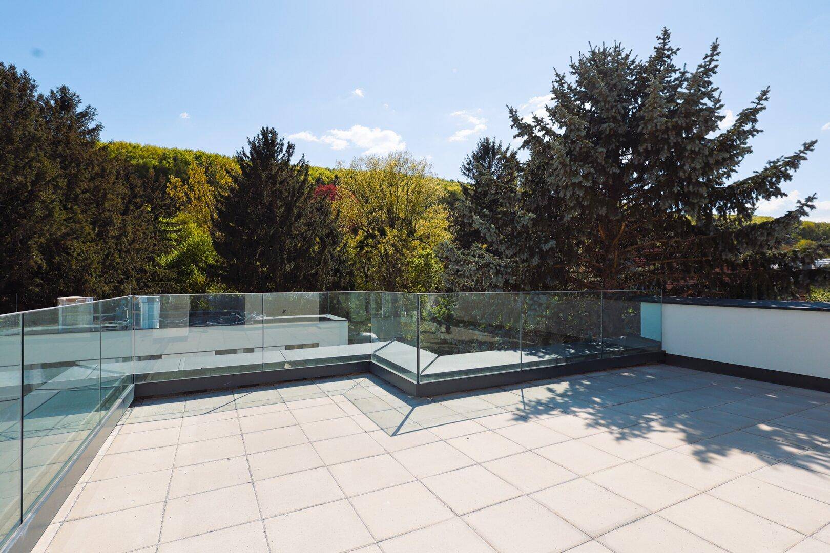 Geräumige Dachterrasse mit Glasgeländer und weitem Blick ins Grüne.
