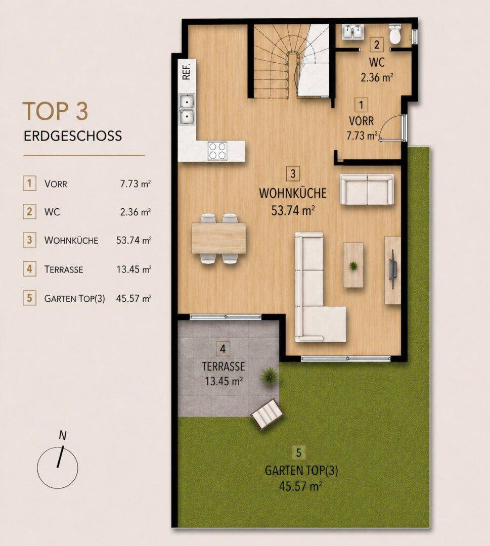 Grundriss des Erdgeschosses mit offener Wohnküche, Terrasse und Garten.