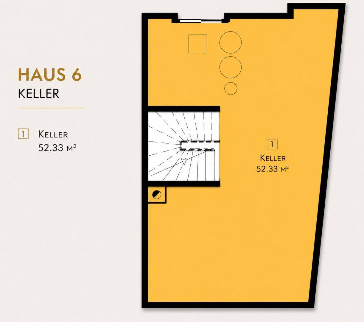 Grundriss des Kellers von Haus 6 mit großzügigem Stauraum.