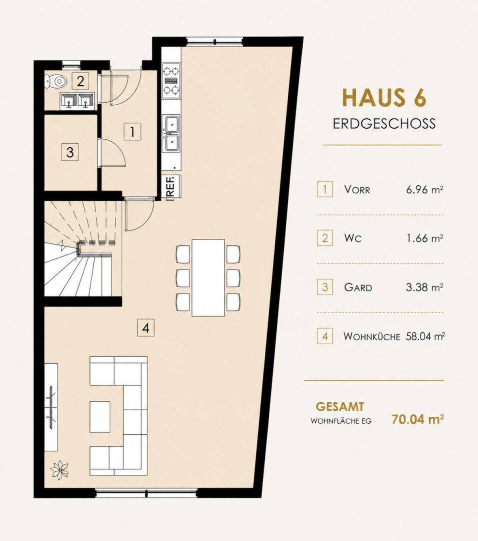 Grundriss des Erdgeschosses von Haus 6 mit offener Wohnküche, WC und Garten.