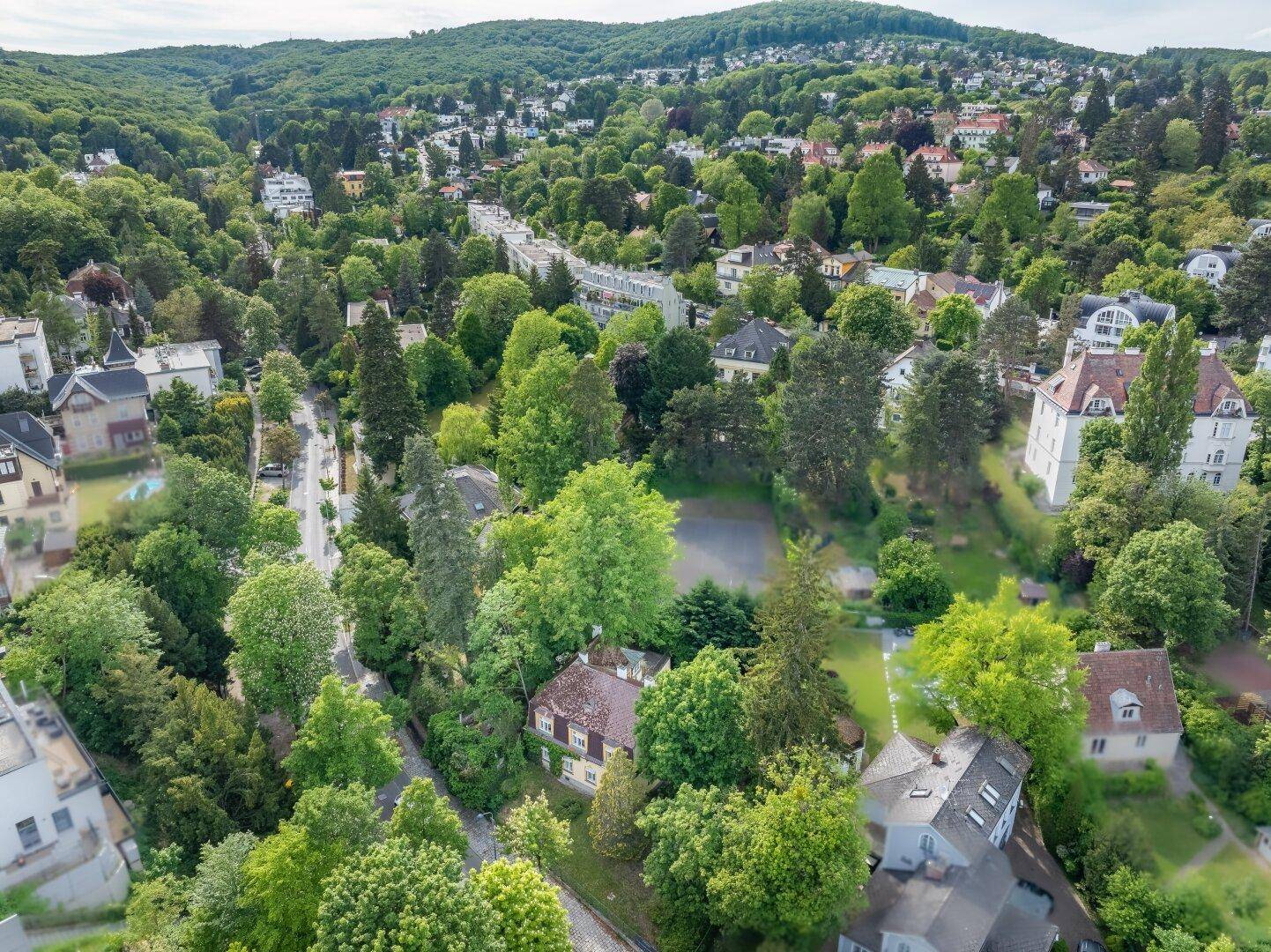 Panoramablick auf die grüne Wohngegend mit bewaldeten Hügeln im Hintergrund.
