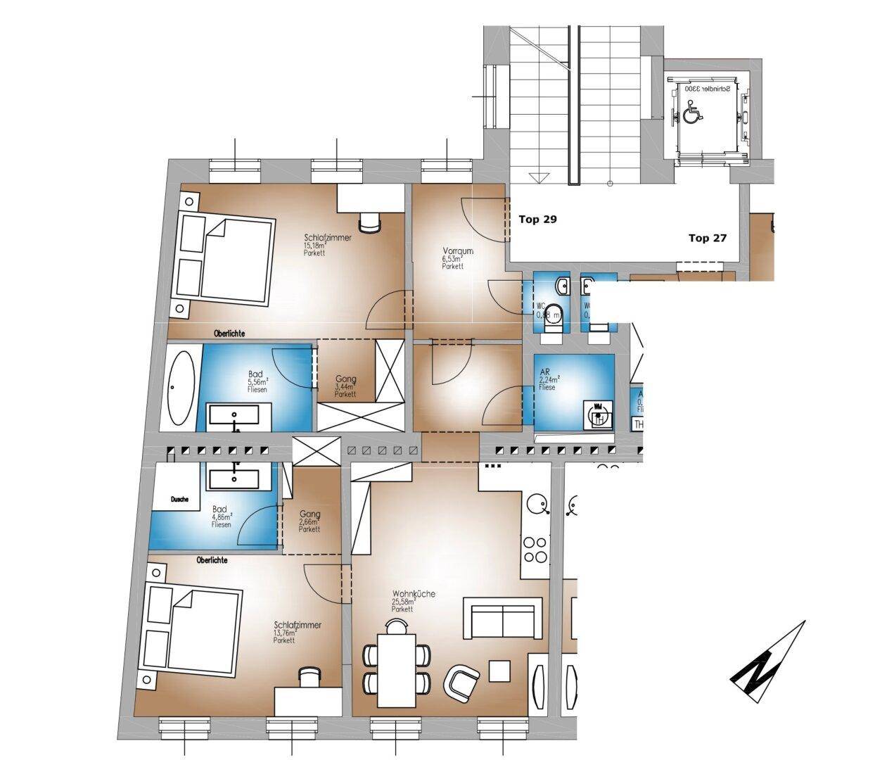 Grundriss einer Wohnung mit zwei Schlafzimmern, zwei Bädern, separatem WC und offenem Wohnbereich.