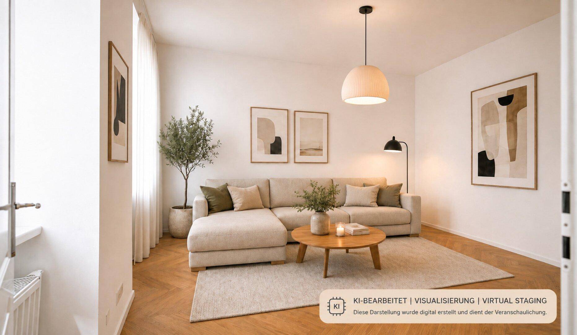 Gemütliches Wohnzimmer mit großem Ecksofa, Couchtisch und moderner Dekoration, virtuell inszeniert.