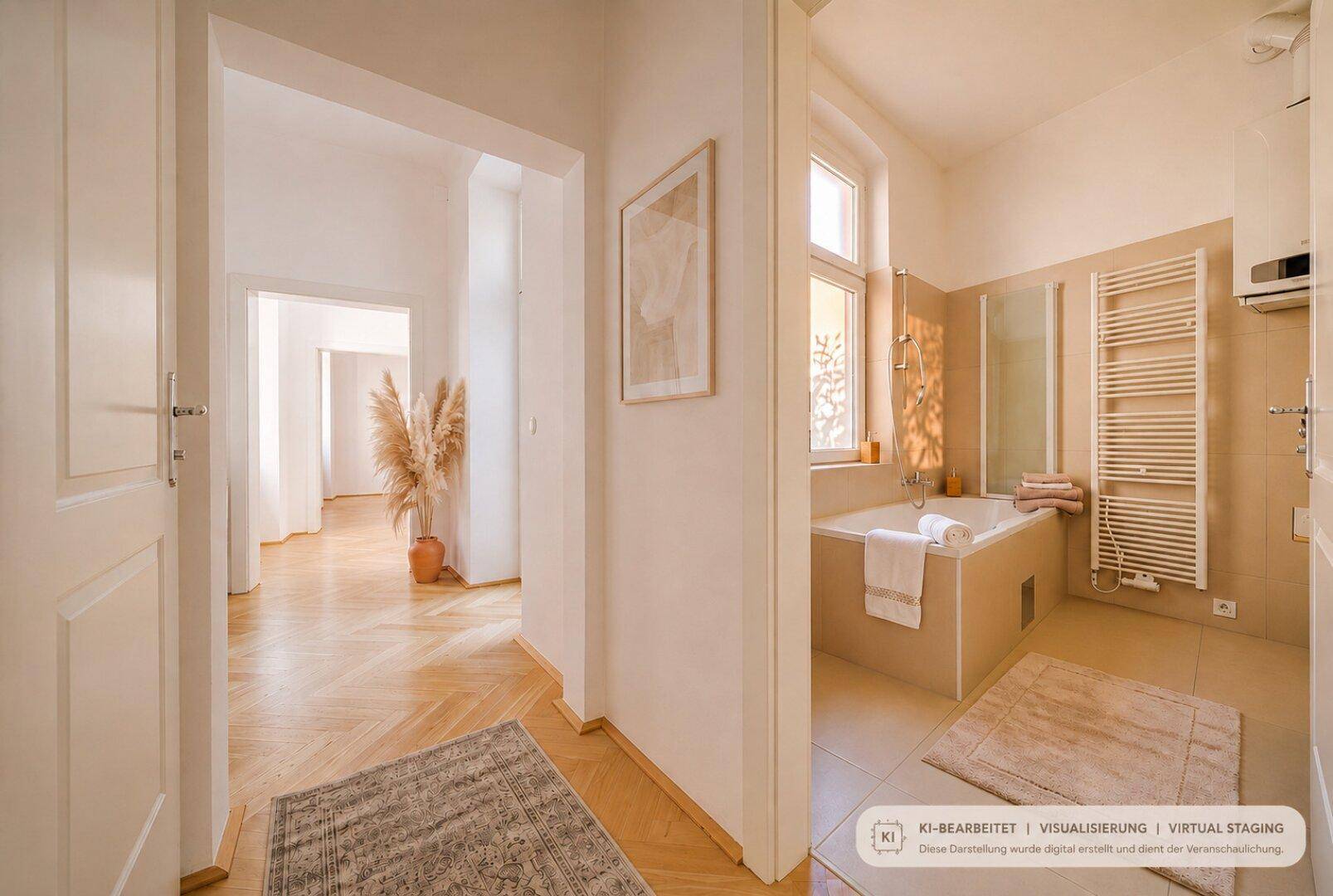 Heller Flur führt zu einem modernen Badezimmer mit Badewanne, Dusche und Handtuchheizkörper.