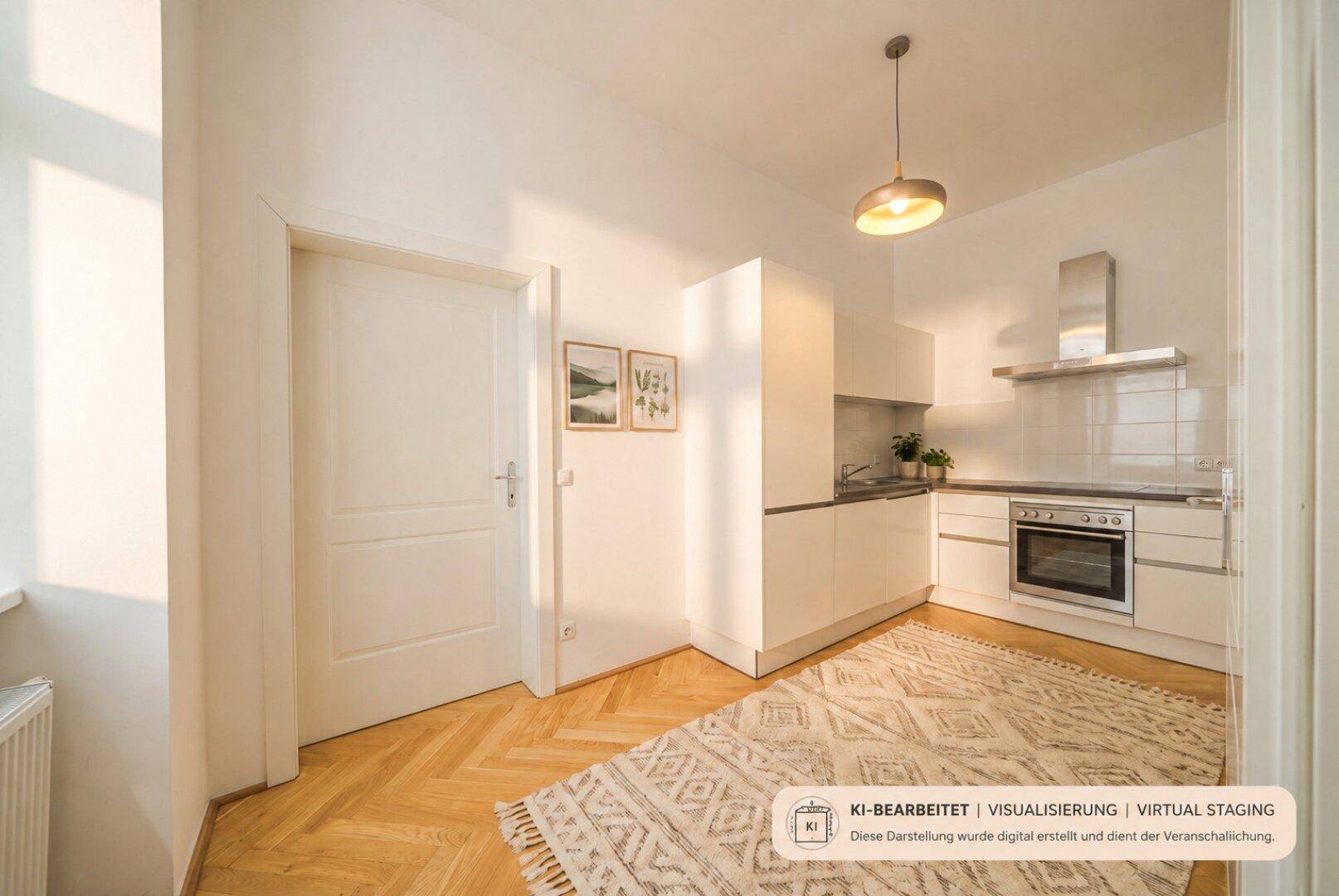 Moderne Küche mit weißen Schränken, integriertem Backofen und Dunstabzugshaube, virtuell inszeniert.