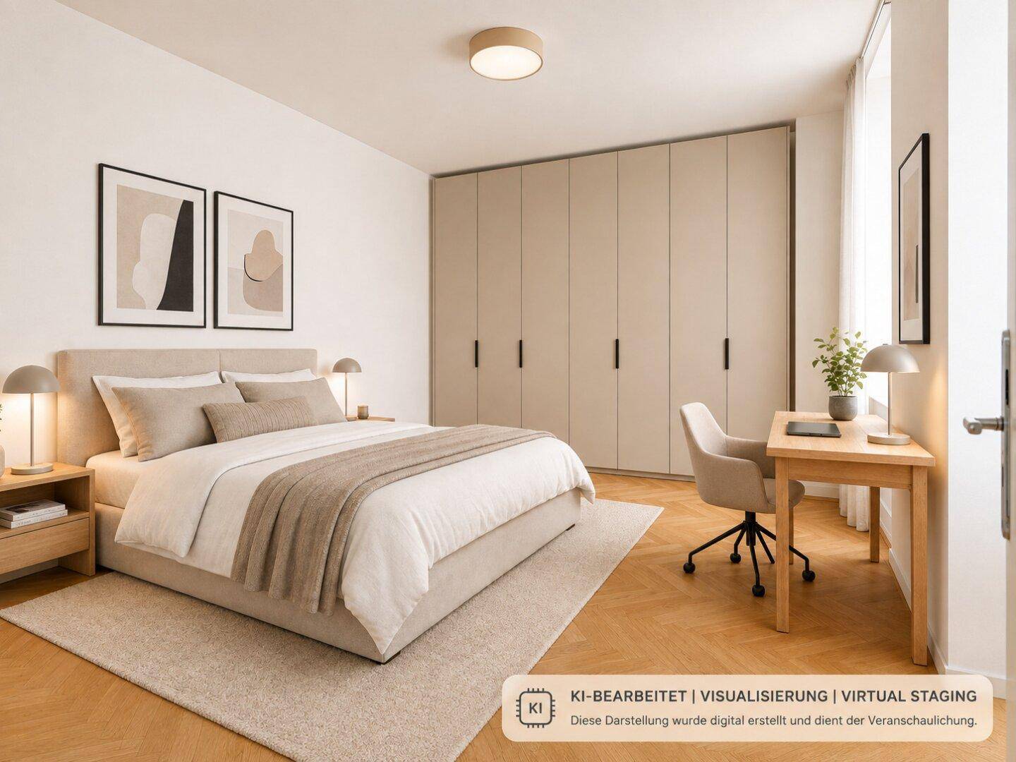 Helles Schlafzimmer mit modernem Bett, Schreibtisch und geräumigen Einbauschränken, virtuell inszeniert.