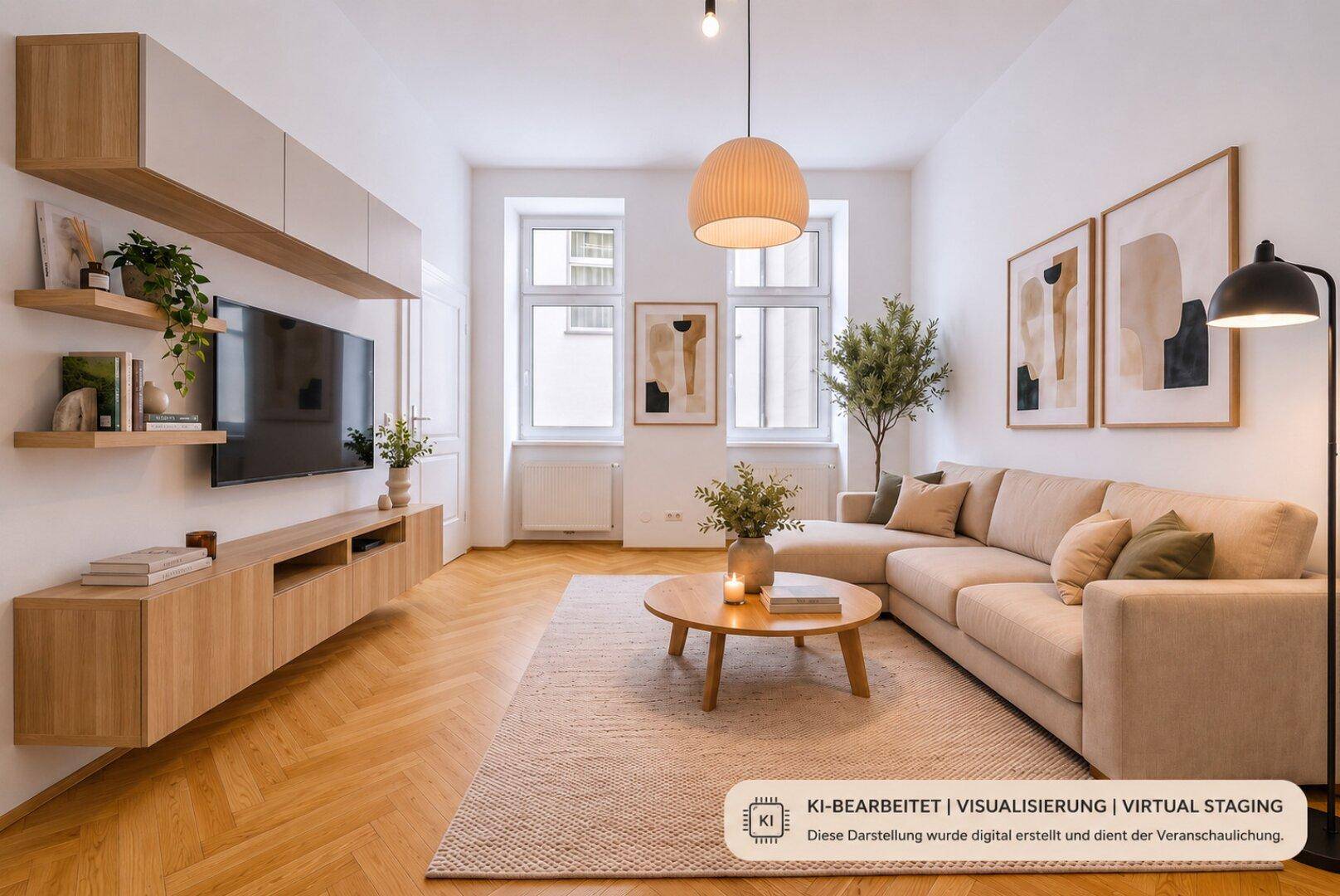 Modernes Wohnzimmer mit großem Sofa, TV-Möbeln und viel Tageslicht durch die Fenster.
