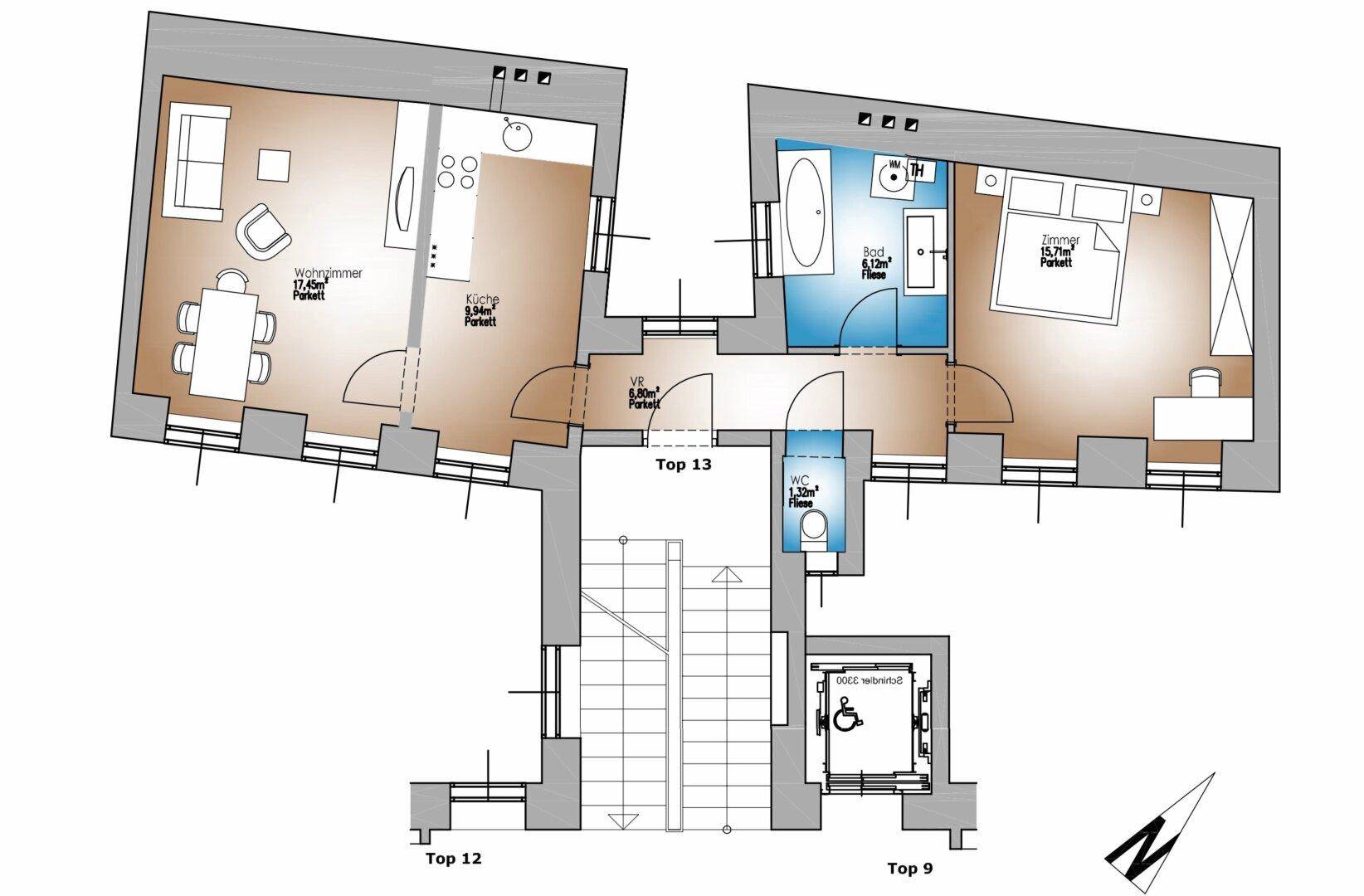 Grundriss der Wohnung mit Wohnzimmer, Küche, Schlafzimmer, Bad und separatem WC.