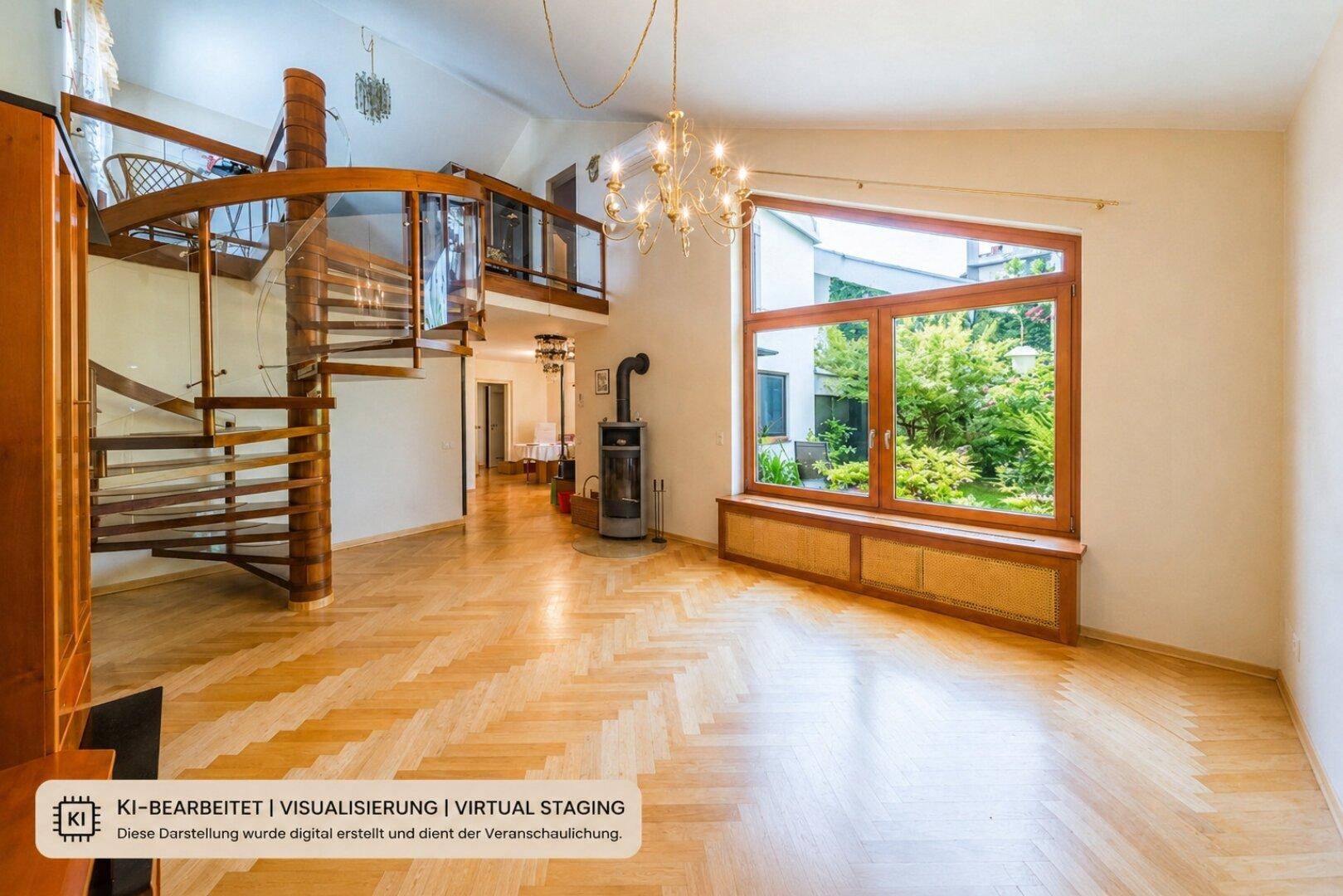 Helles Wohnzimmer mit Fischgrätparkett, Kaminofen und einer beeindruckenden Holzwendeltreppe.