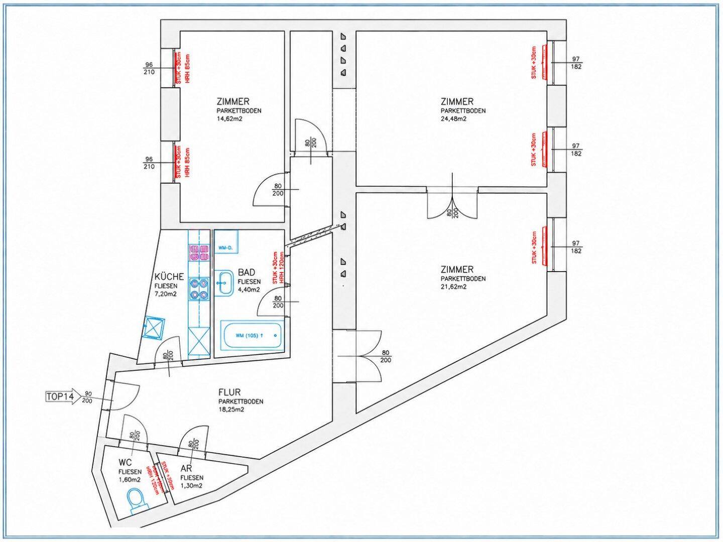 Grundriss einer Wohnung mit drei Zimmern, Küche, Bad, WC und Flur, inklusive Flächenangaben.