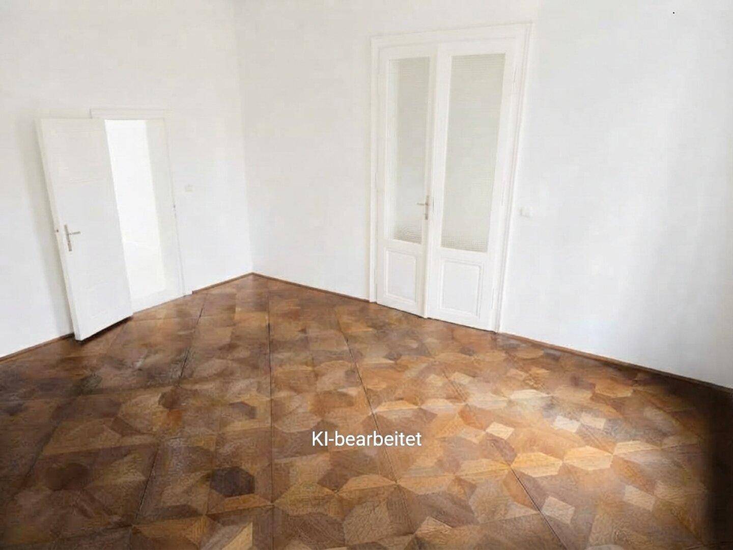 Heller Raum mit Parkettboden, einem traditionellen Kachelofen und hohen Flügeltüren.