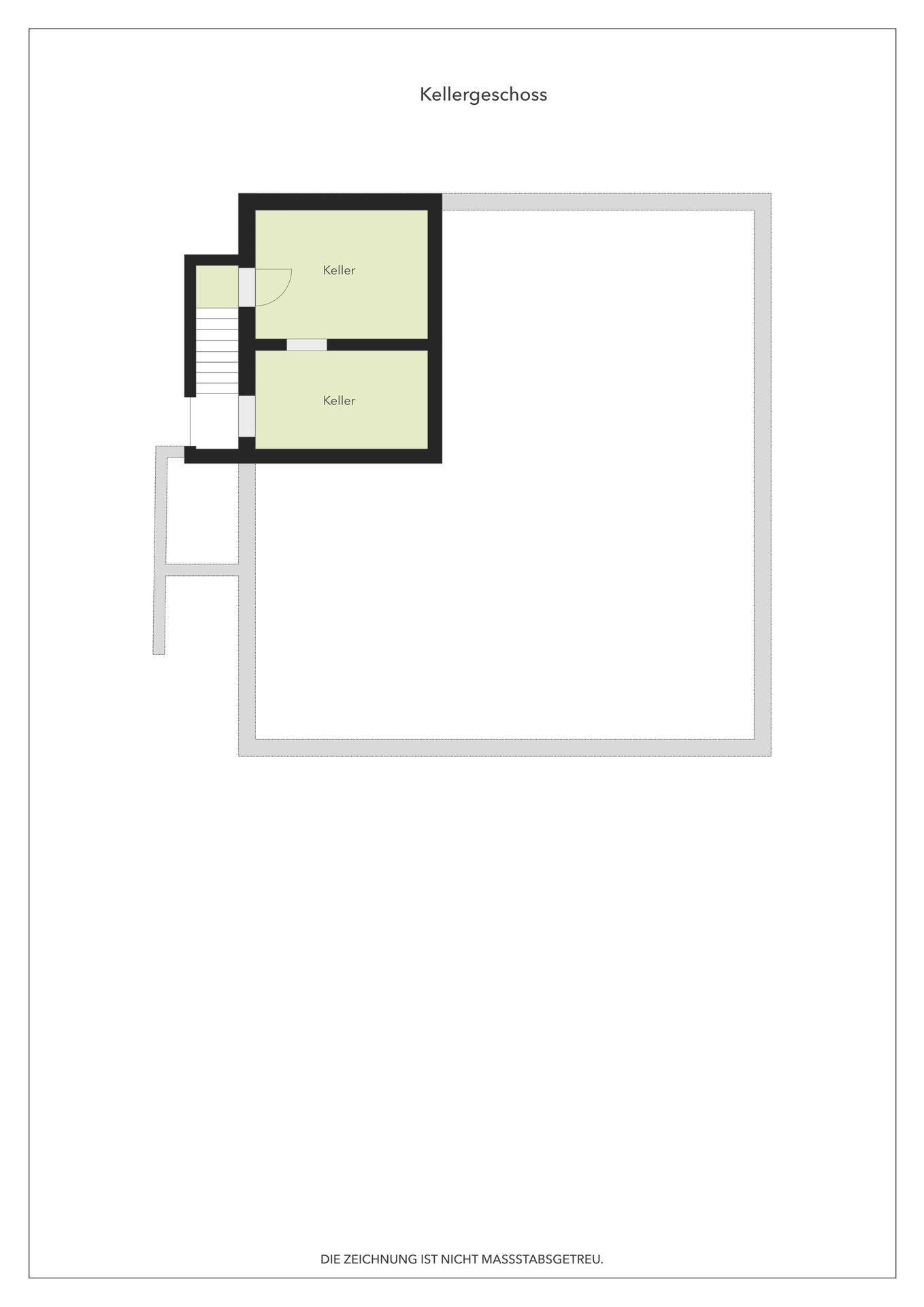 Grundriss des Kellergeschosses mit zwei Kellerräumen und Treppenzugang.