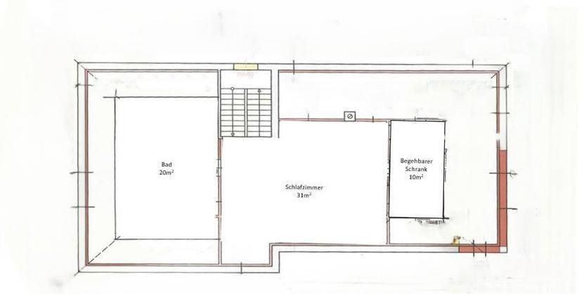 Grundriss mit einem großen Schlafzimmer, Bad und einem begehbaren Kleiderschrank.
