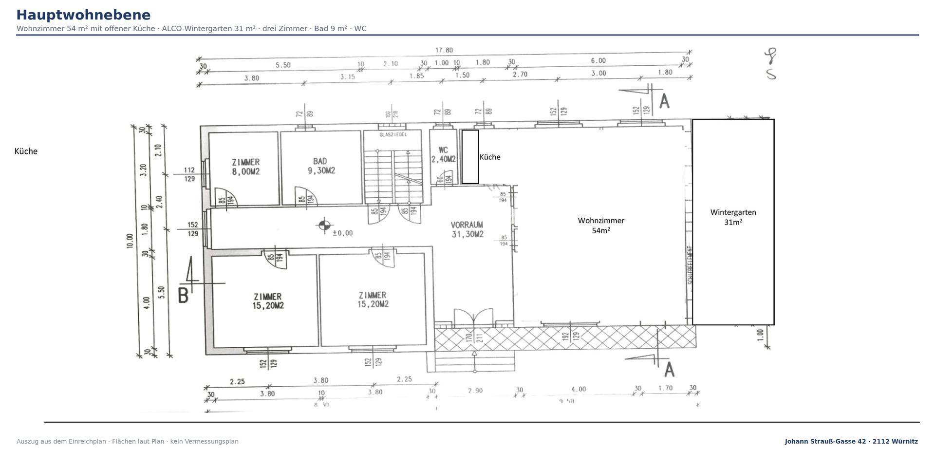 Detaillierter Grundriss mit Wohnzimmer, Küche, Bad, WC, Zimmern und einem Wintergarten.
