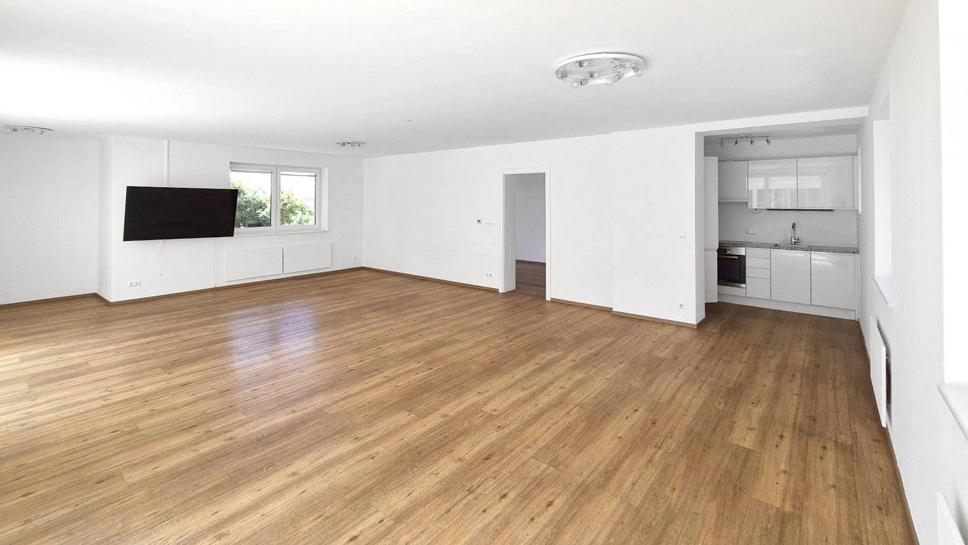 Offener Wohnbereich mit Holzboden und integrierter, moderner Küchenzeile.