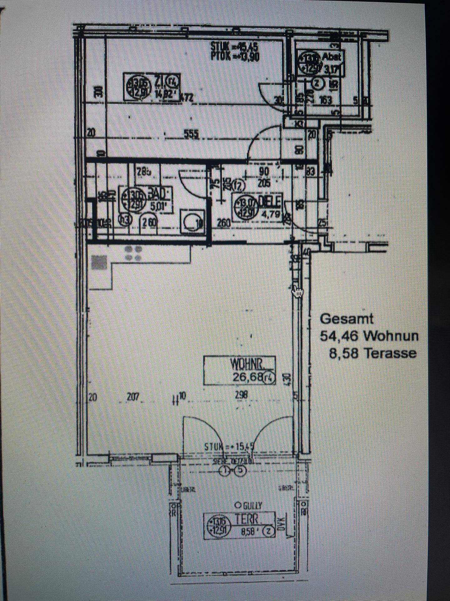 Grundriss einer Wohnung mit offenem Wohnbereich, einem Schlafzimmer, Bad und einer großzügigen Terrasse.